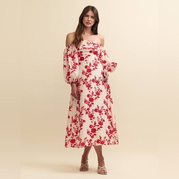 Nobody's Child Floral Off-Shoulder Dress in Red and Cream - Picture 3 of 6